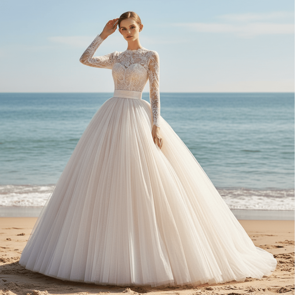 Sheer High Neck Long Sleeve Tulle Wedding Dress with Puffy Skirt - Rosymae