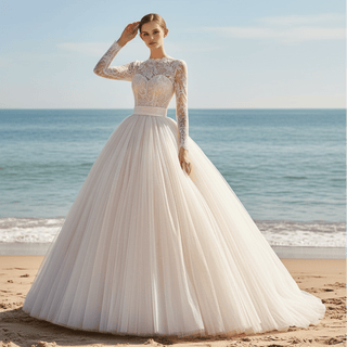 Sheer High Neck Long Sleeve Tulle Wedding Dress with Puffy Skirt - Rosymae