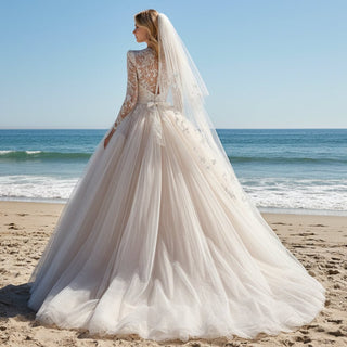 Sheer High Neck Long Sleeve Tulle Wedding Dress with Puffy Skirt - Rosymae