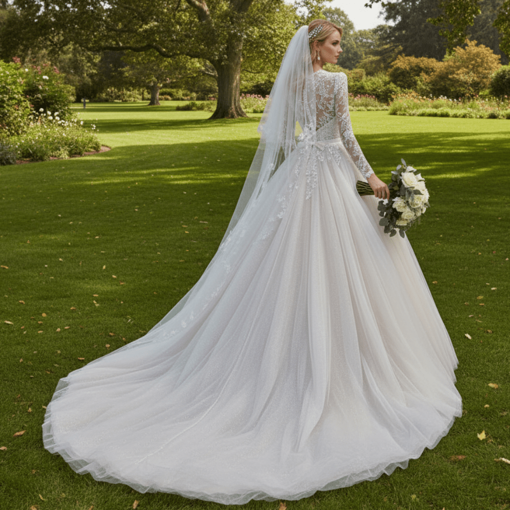 Sheer High Neck Long Sleeve Tulle Wedding Dress with Puffy Skirt - Rosymae