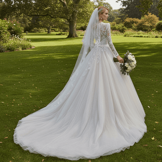 Sheer High Neck Long Sleeve Tulle Wedding Dress with Puffy Skirt - Rosymae