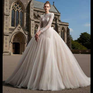 Sheer High Neck Long Sleeve Tulle Wedding Dress with Puffy Skirt - Rosymae