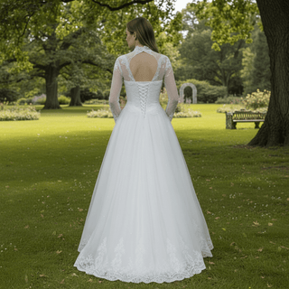 Sheer High Neck Long Sleeves A-line Bridal Wedding Dress - Rosymae