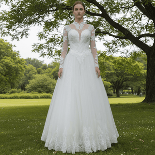 Sheer High Neck Long Sleeves A-line Bridal Wedding Dress - Rosymae