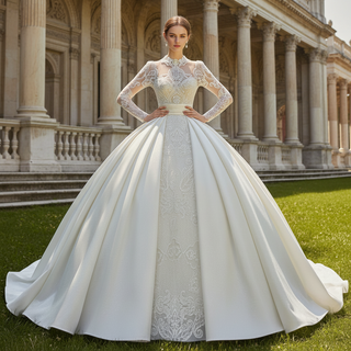 Long Sleeved High Neck Illusion Lace Ballgown Wedding Dress