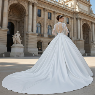 Long Sleeved High Neck Illusion Lace Ballgown Wedding Dress