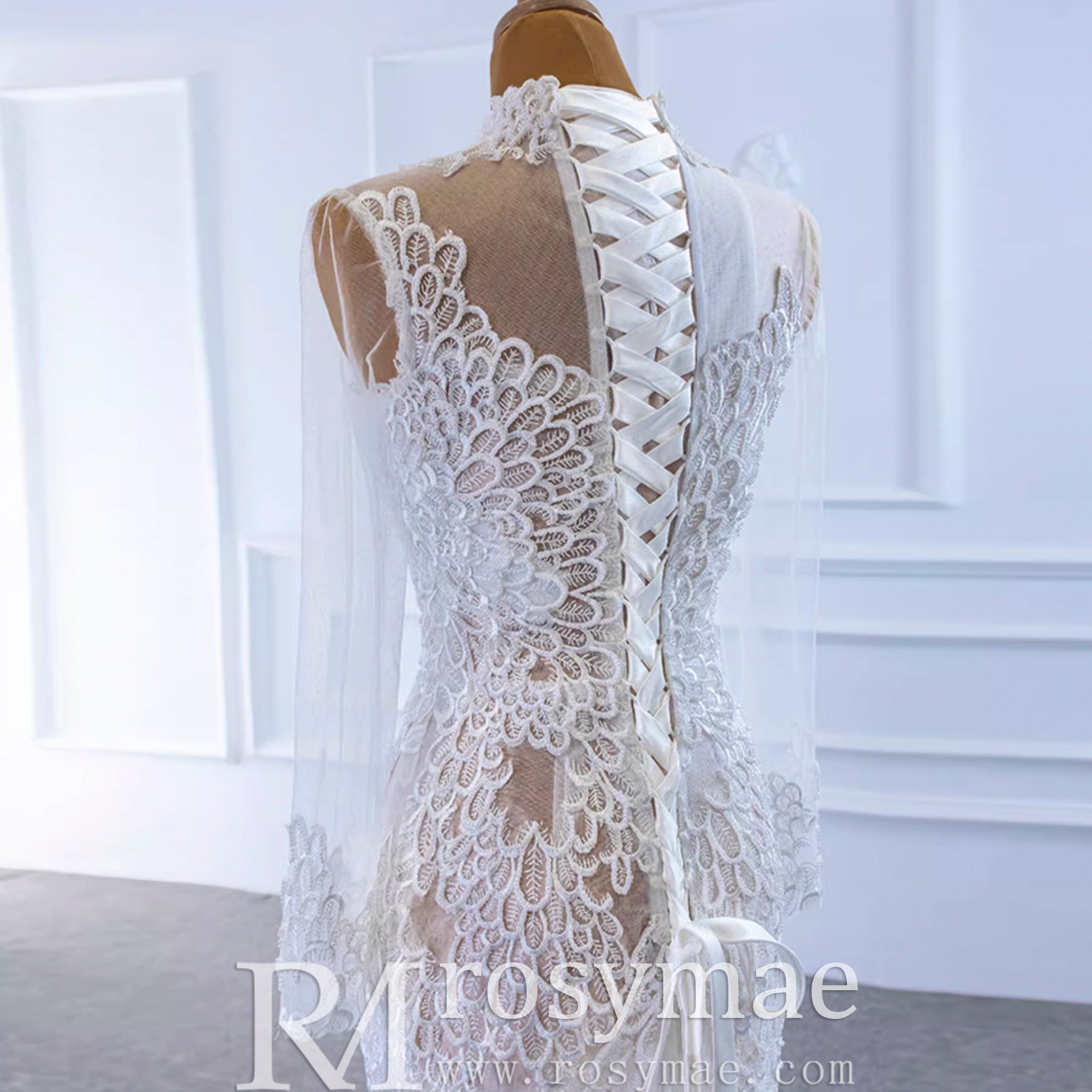 Sheer High O-neck Lace Mermaid Wedding Dress with Long Sleeves - Rosymae