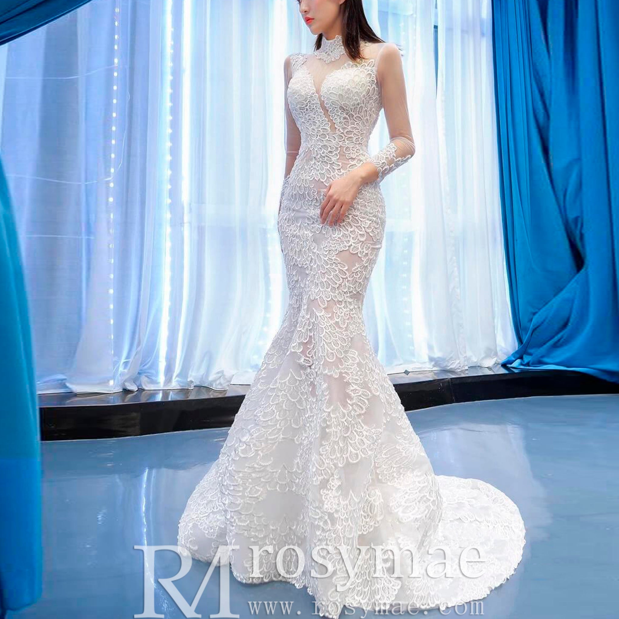 Sheer High O-neck Lace Mermaid Wedding Dress with Long Sleeves - Rosymae