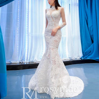 Sheer High O-neck Lace Mermaid Wedding Dress with Long Sleeves - Rosymae