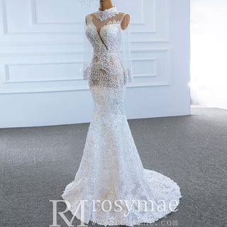 Sheer High O-neck Lace Mermaid Wedding Dress with Long Sleeves - Rosymae