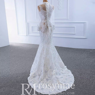 Sheer High O-neck Lace Mermaid Wedding Dress with Long Sleeves - Rosymae