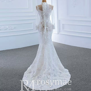 Sheer High O-neck Lace Mermaid Wedding Dress with Long Sleeves - Rosymae
