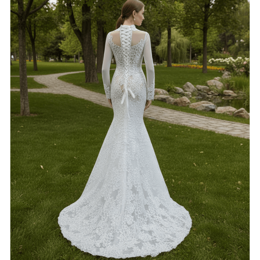 Sheer High O-neck Lace Mermaid Wedding Dress with Long Sleeves - Rosymae