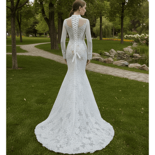 Sheer High O-neck Lace Mermaid Wedding Dress with Long Sleeves - Rosymae