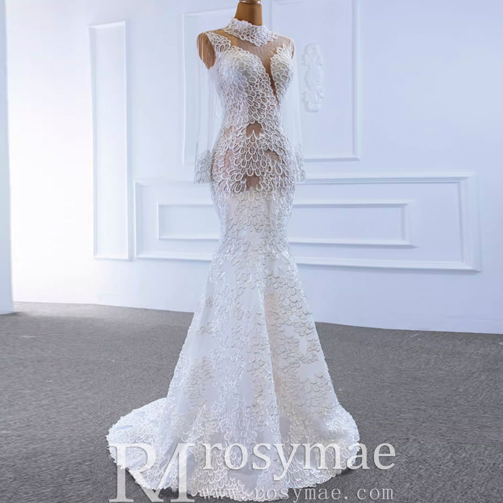 Sheer High O-neck Lace Mermaid Wedding Dress with Long Sleeves - Rosymae