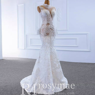 Sheer High O-neck Lace Mermaid Wedding Dress with Long Sleeves - Rosymae