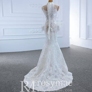 Sheer High O-neck Lace Mermaid Wedding Dress with Long Sleeves - Rosymae