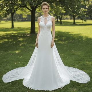 Sheer Illusion O-Neck Mermaid Wedding Dress with Detachable Tulle Train & Keyhole Back - Rosymae