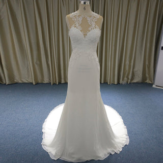 Sheer Illusion O-Neck Mermaid Wedding Dress with Detachable Tulle Train & Keyhole Back - Rosymae