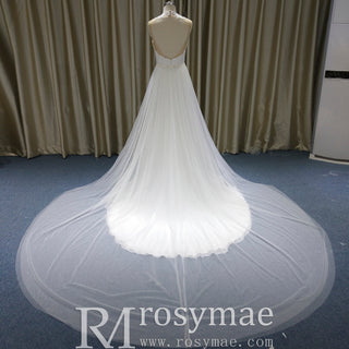 Sheer Illusion O-Neck Mermaid Wedding Dress with Detachable Tulle Train & Keyhole Back - Rosymae