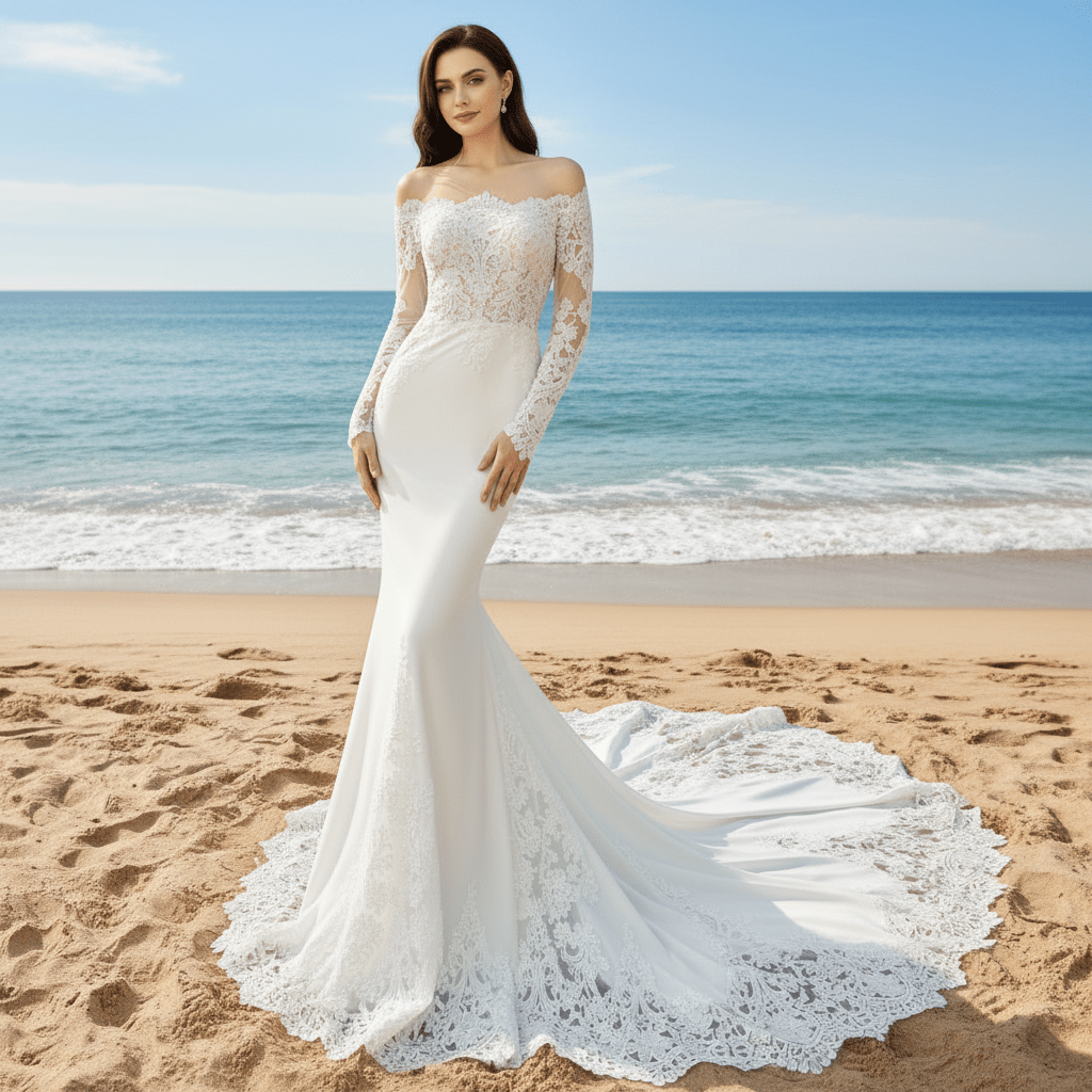 Sheer Lace Mermaid Wedding Dress with Asymmetrical Neckline - Rosymae