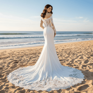 Sheer Lace Mermaid Wedding Dress with Asymmetrical Neckline - Rosymae