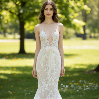Sheer Lace Trumpet Mermaid Wedding Dress with Open Back - Rosymae