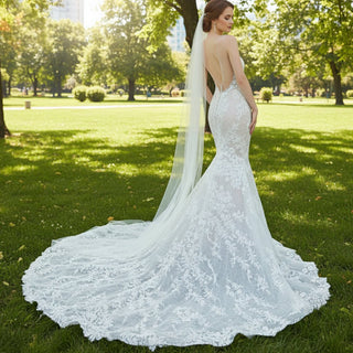 Sheer Lace Trumpet Mermaid Wedding Dress with Open Back - Rosymae
