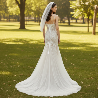 Mermaid Floral Lace Tulle Wedding Dress with Narrow Straps