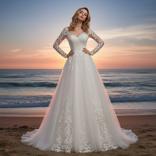Elegant Long Sleeve Lace and Tulle A-line Wedding Dress