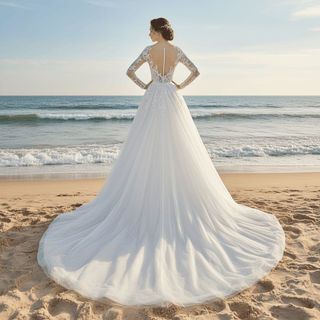 Sheer Long Sleeve A-line Wedding Dress with Deep V Neckline - Rosymae