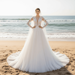 Sheer Long Sleeve A-line Wedding Dress with Deep V Neckline - Rosymae