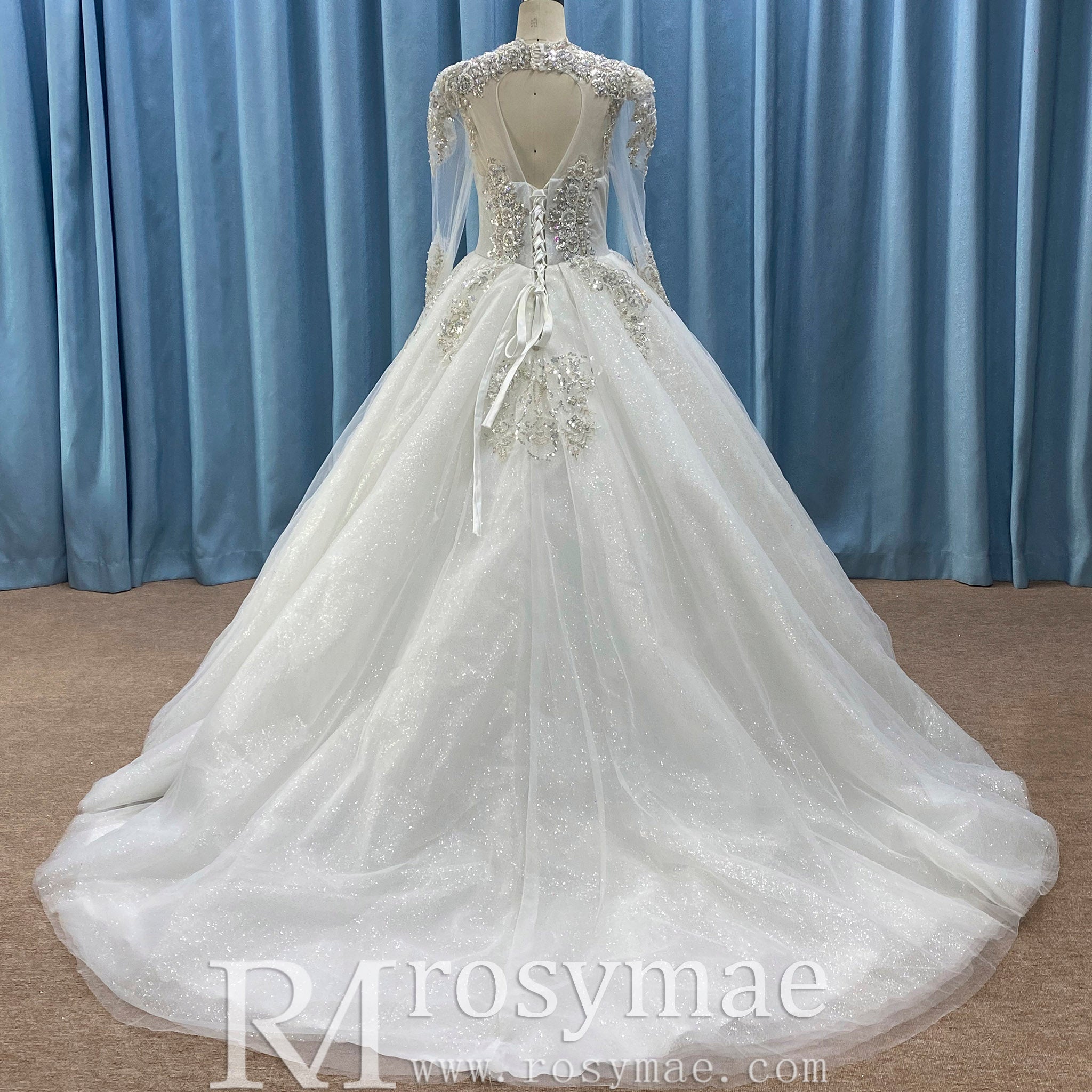 Sparkle Ball Gown Wedding Dress with Sheer Long Sleeve White / 10 Sparkle Ball Gown Wedding Dress with Sheer Long Sleeve White / 10