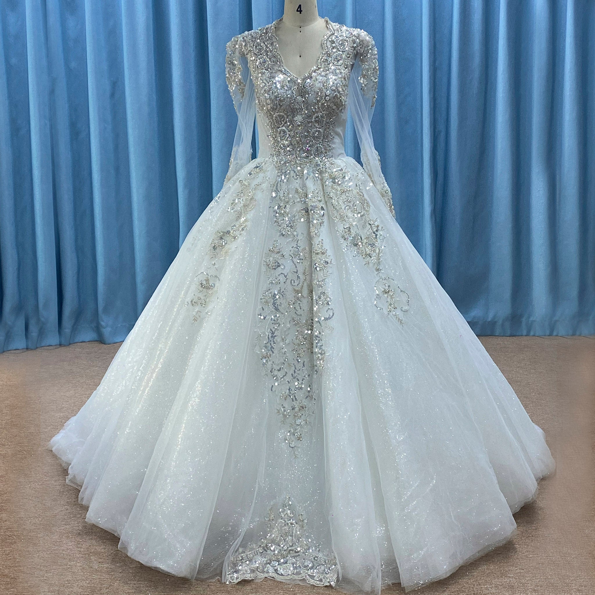 Sparkle Ball Gown Wedding Dress with Sheer Long Sleeve White / 10 Sparkle Ball Gown Wedding Dress with Sheer Long Sleeve White / 10