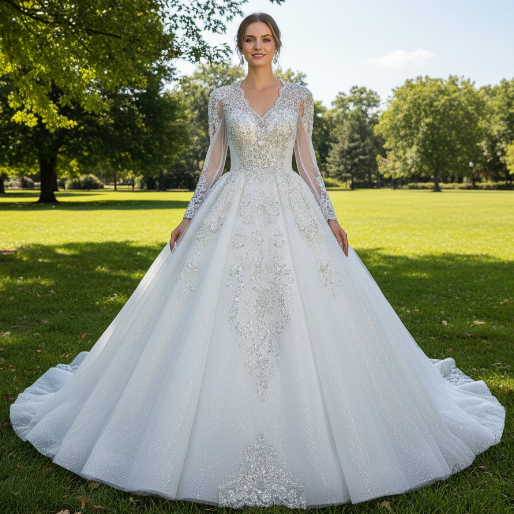 Sparkle Ball Gown Wedding Dress with Sheer Long Sleeve Rosymae Sparkle Ball Gown Wedding Dress with Sheer Long Sleeve Rosymae