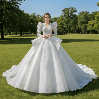 Sheer Long Sleeve Feather Ball Gown Wedding Dress - Rosymae