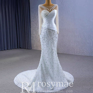 Sheer Long Sleeve Fit and Flare Wedding Dress - Rosymae