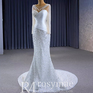 Sheer Long Sleeve Fit and Flare Wedding Dress - Rosymae