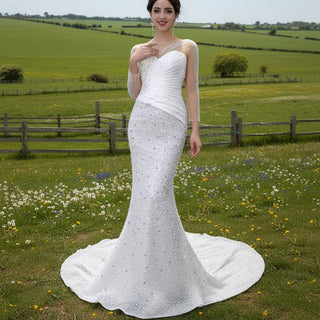 Sheer Long Sleeve Fit and Flare Wedding Dress - Rosymae