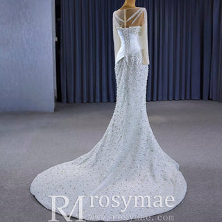 Sheer Long Sleeve Fit and Flare Wedding Dress - Rosymae