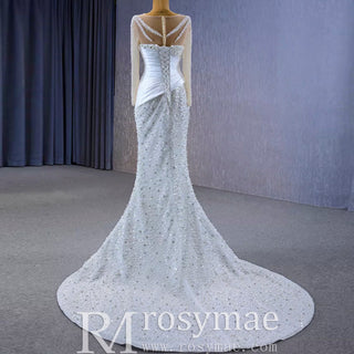Sheer Long Sleeve Fit and Flare Wedding Dress - Rosymae