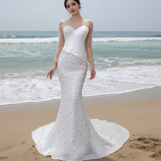 Sheer Long Sleeve Fit and Flare Wedding Dress - Rosymae