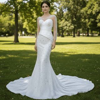 Sheer Long Sleeve Fit and Flare Wedding Dress - Rosymae