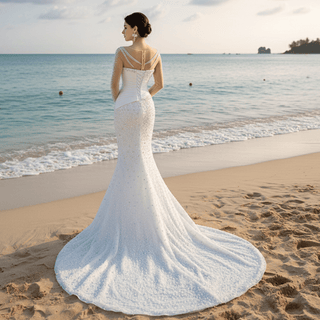 Sheer Long Sleeve Fit and Flare Wedding Dress - Rosymae