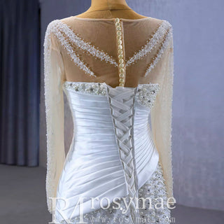 Sheer Long Sleeve Fit and Flare Wedding Dress - Rosymae