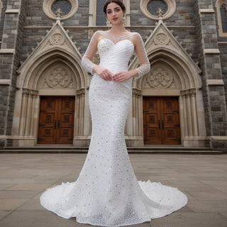 Sheer Long Sleeve Fit and Flare Wedding Dress - Rosymae