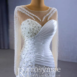 Sheer Long Sleeve Fit and Flare Wedding Dress - Rosymae