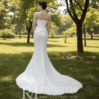 Sheer Long Sleeve Fit and Flare Wedding Dress - Rosymae