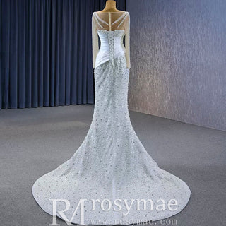 Sheer Long Sleeve Fit and Flare Wedding Dress - Rosymae