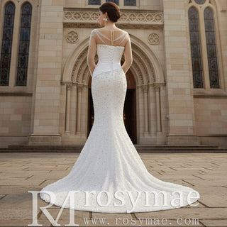 Sheer Long Sleeve Fit and Flare Wedding Dress - Rosymae